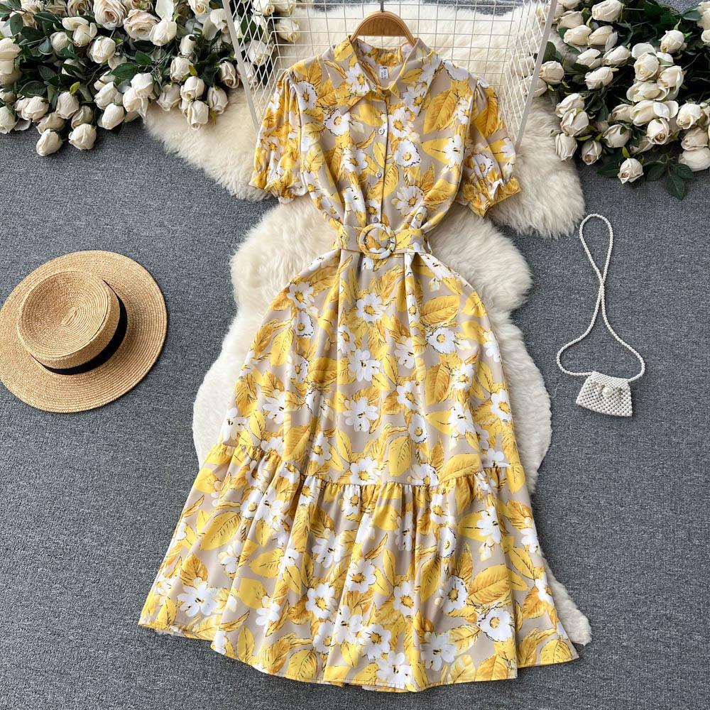 

Летнее винтажное женское длинное платье с цветочным принтом, элегантное однобортное платье с отложным воротником и коротким рукавом с высокой талией One Size