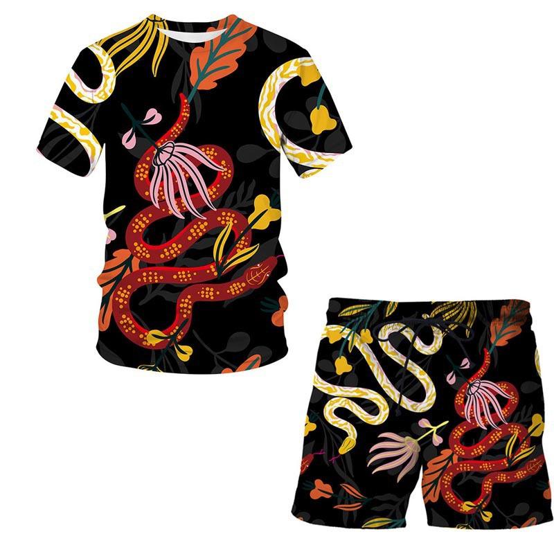 European and American Amazon Summer New Colorful Patterned 3D Print T-shirt Men's Casual Short Sleeve Shorts Short Sleeve Set