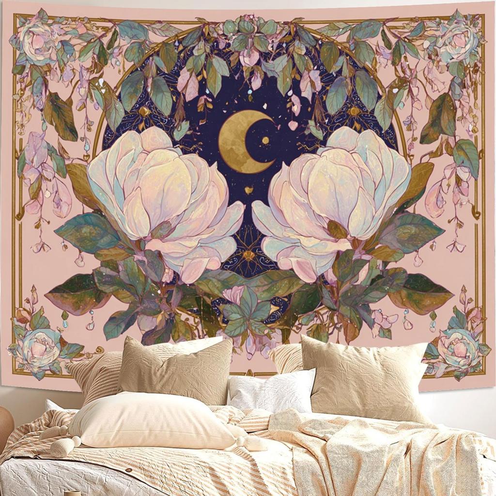 Floral Moon Magnolia Tapestry Vintage Celestial Flower Print Wall Hanging For Bedroom Living Room Boho Aesthetic Decor