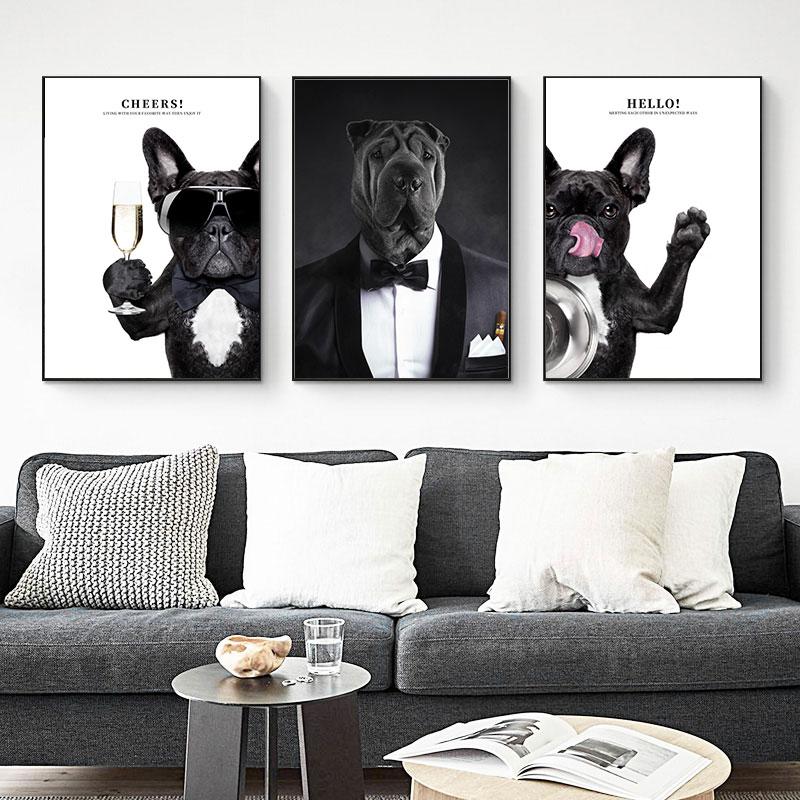 Nordic Funny Animal Canvas Painting Black Dog Wear Sunglasses Clothes Poster Print Black White Wall Art Pictures for Living Room