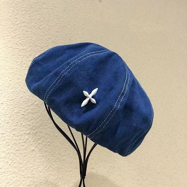 Washed denim hat women's autumn versatile beret retro octagonal hat big head circumference showing face small painter hat