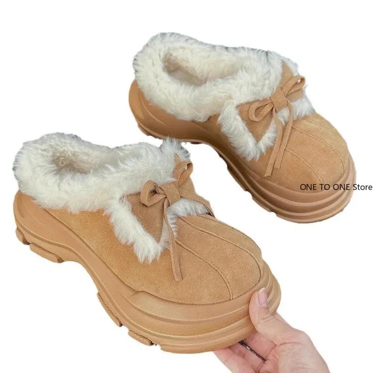 Fashion Platform Women Bow Snow Boots Fur Slippers 2025 Winter Suede Shoes Short Plush Warm Flip Flops Ankle Shoes Women Chelsea Boots