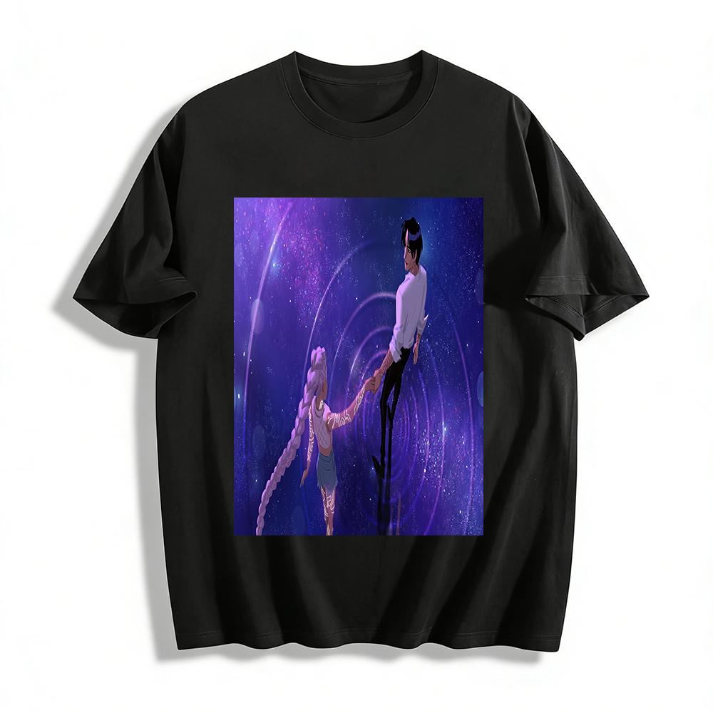 Star Night Hand-in-Hand Print Couple T-Shirts Romantic Universe Style Loose Tops for Men and Women Pure cotton T-shirt XXS