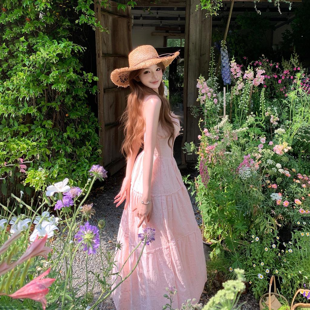 French Sweet and Beautiful Pink Spaghetti Strap Dress, Fairy Summer Seaside Vacation, Waist-cinching Large Skirt, Cake Long Dress