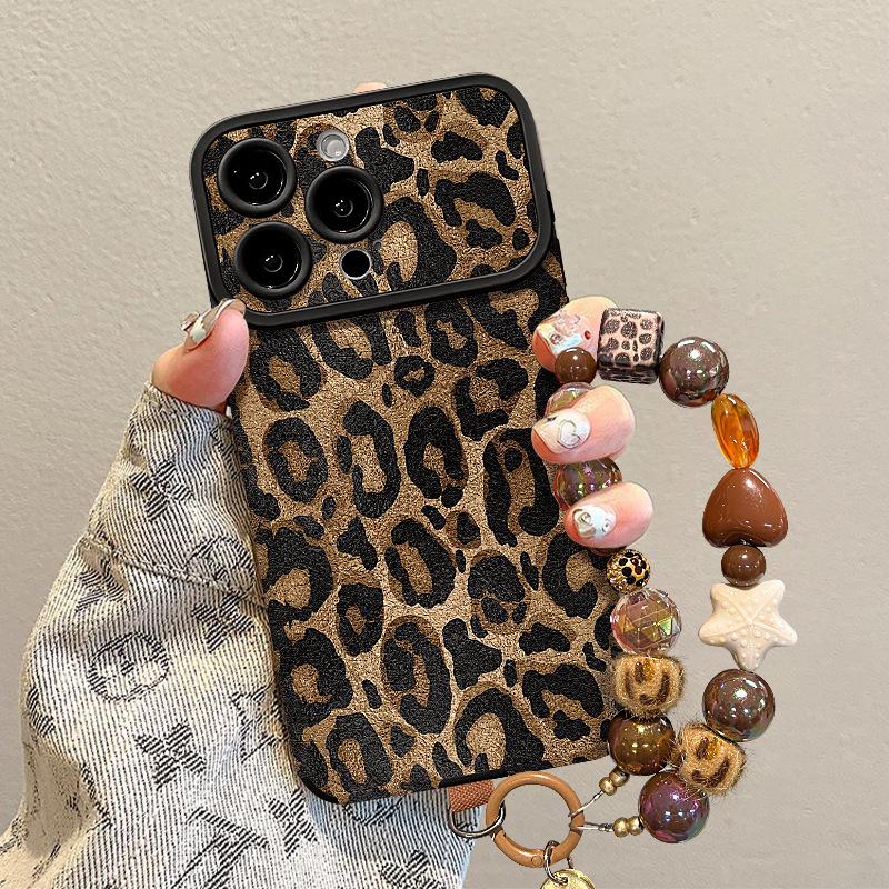 Retro Leopard Print Lanyard Is Suitable for Apple 17promax Mobile Phone Case Iphone15 Silicone Sheepskin 16 New Women's 14.