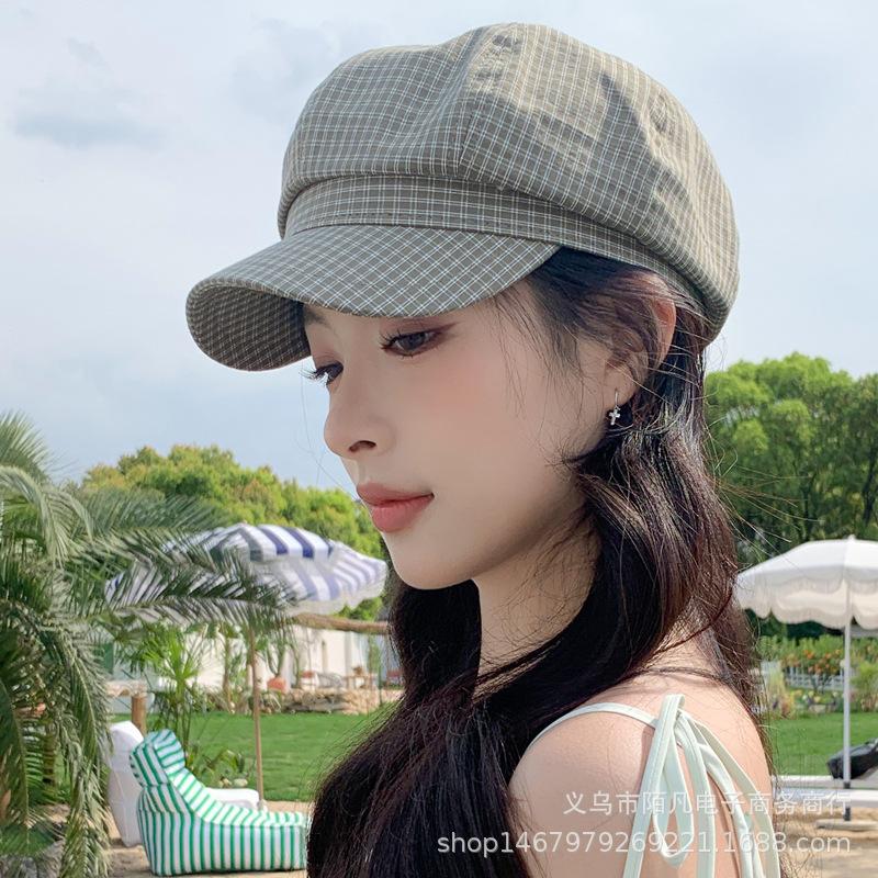 Plaid Octagonal Hat Women's Literary and Artistic Small Fresh Sunshade Cap Spring and Summer Cotton Face Small Painter Hat