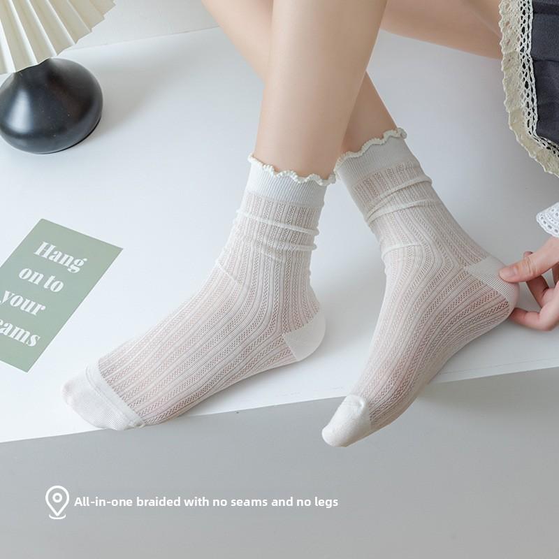 5 par sommer tynne dame sokker med treørekant, midt på leggen, pustende mesh, nuppefrie bomullssokker, stablede Lolita-sokker