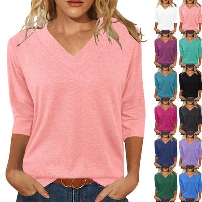 Haut Décontracté Uni pour Femme à Col en V et Manches Trois Quarts Tissu Léger et Doux Coupe Ample Design Confortable