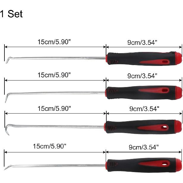 Hitefu 4 Pcs Precision Pick and Hook Set, 6.5", Red | Automotive Seal Puller Tools, Oil Seal Removal, O-Ring Gasket Removal, Car Mechanic Tools