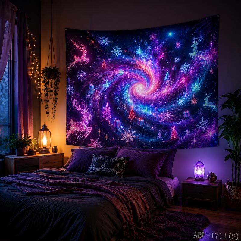 Pink Blue Neon Snowflake Starry Sky Christmas Tapestry Wall Hanging Decor for Living Room