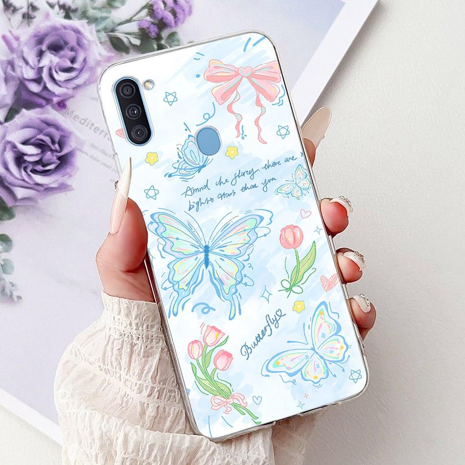 For Samsung Galaxy A11 M11 Phone Case Samsung A11 M11 A115F M115F Elegant Floral Cat Painted Soft Silicone Transparent TPU Cases