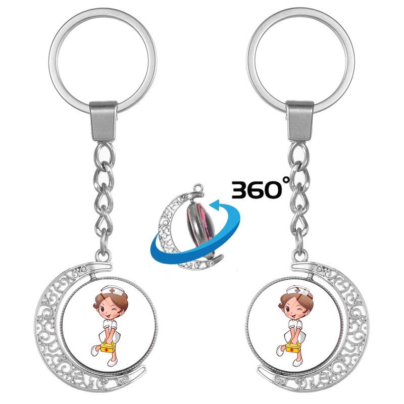 Cross & Nurse Syringe Stethoscope Double-Sided Rotating Moon Pendant Keychain