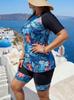 European & American Plus Size Sun Protection Two-Piece Swimsuit - Blue/Yellow Patchwork Half Sleeve Vest & Printed Bottom