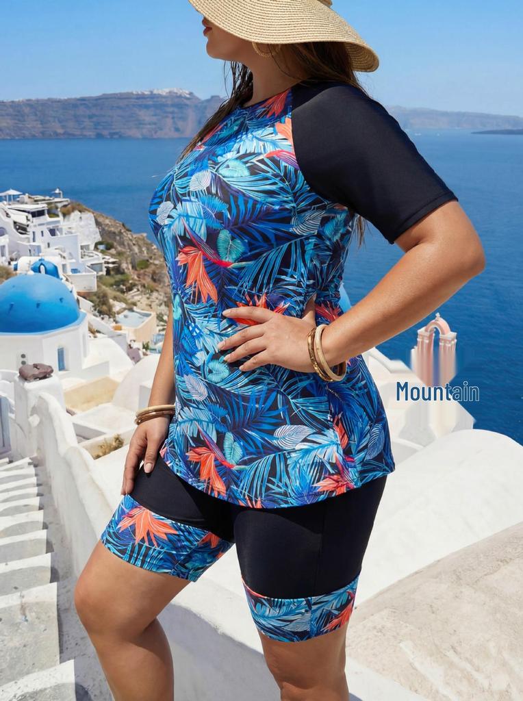 European & American Plus Size Sun Protection Two-Piece Swimsuit - Blue/Yellow Patchwork Half Sleeve Vest & Printed Bottom