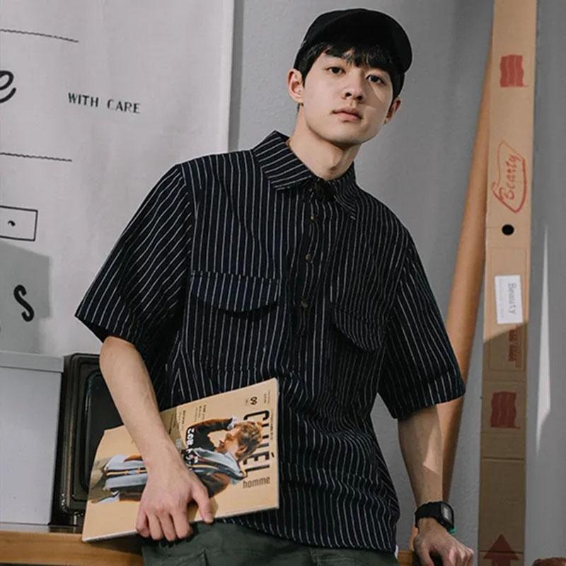 Letní košile Pánská Krátký rukáv Trend Retro Pruhované POLO Košile Mládež Volné Ležérní Bunda Top Tričko
