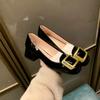 Fashion Women's Heel Shoes 2025 New Spring French Round Head Square Buckle Shallow Mouth Thick Medium High Heel Shoes Women