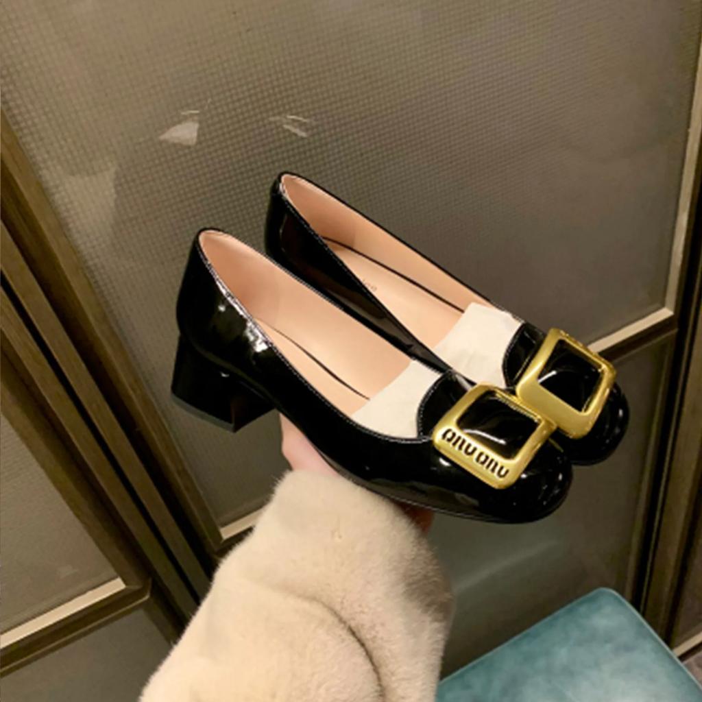 Fashion Women's Heel Shoes 2025 New Spring French Round Head Square Buckle Shallow Mouth Thick Medium High Heel Shoes Women