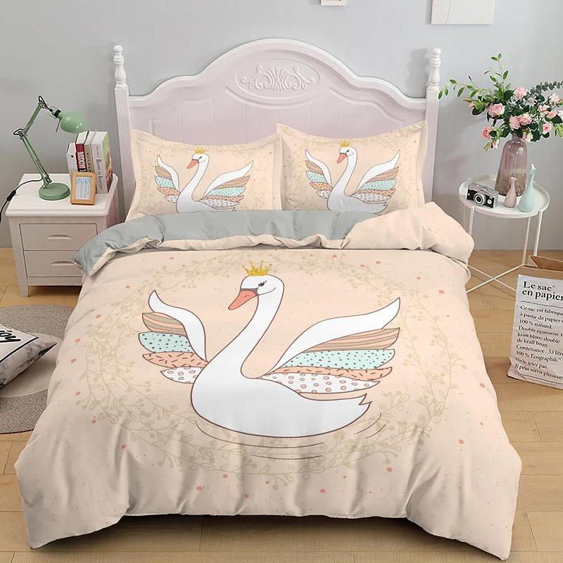 Swan Duvet Cover Set Single King Girl Crown Comforter Cover Romantic Floral Bedding Set Polyester Princess Style Bedspread Cover