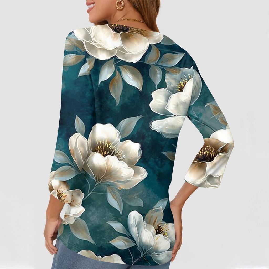 Women's Fashion Casual Round Neck Three Quarter Sleeve Printed T-Shirt Top
