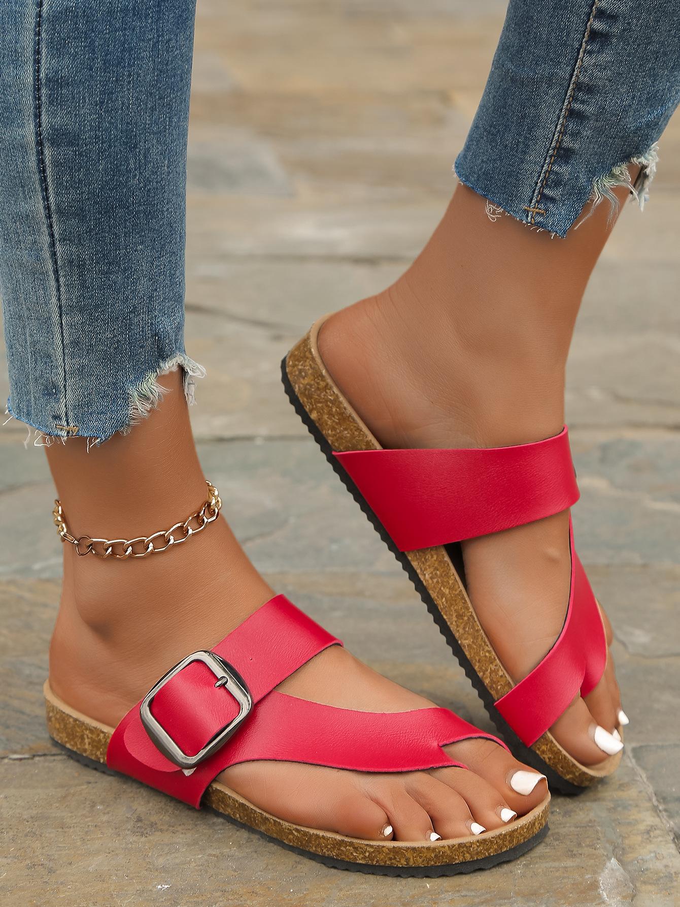 

Лето 2025 новые сандалии большого размера женские европейская и американская мода повседневные кнопки плоская подошва женская обувь шлепанцы с открытым носком 36 красный