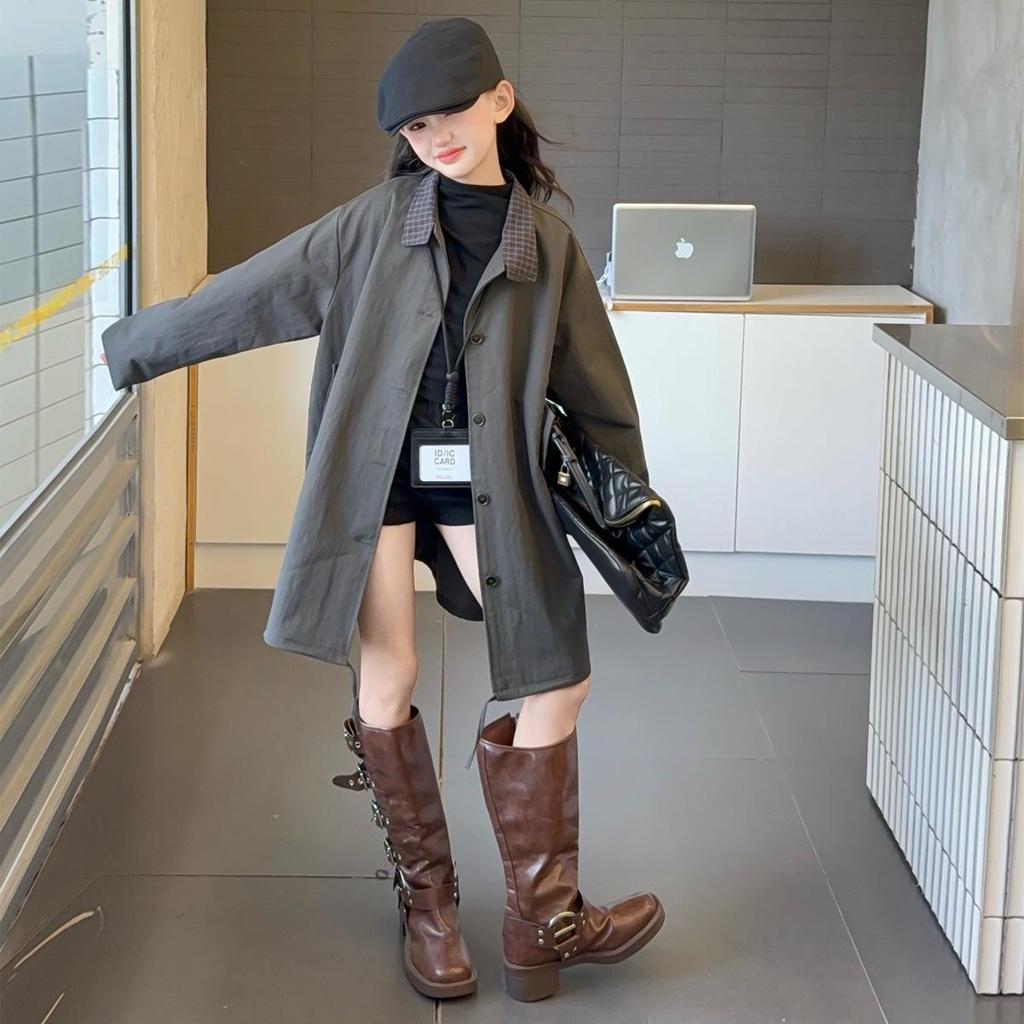 Mädchen Midilanger Trenchcoat: 2025 Frühling/Herbst Koreanischer Stil für Kinder - Lockerer, lässiger Schnitt