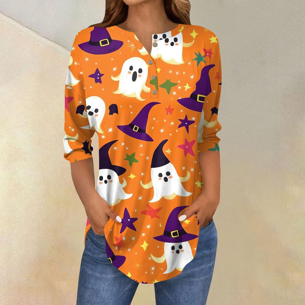 Women's Fashion Loose Button Collar Halloween Print Long Sleeve T-Shirt Top Pullover
