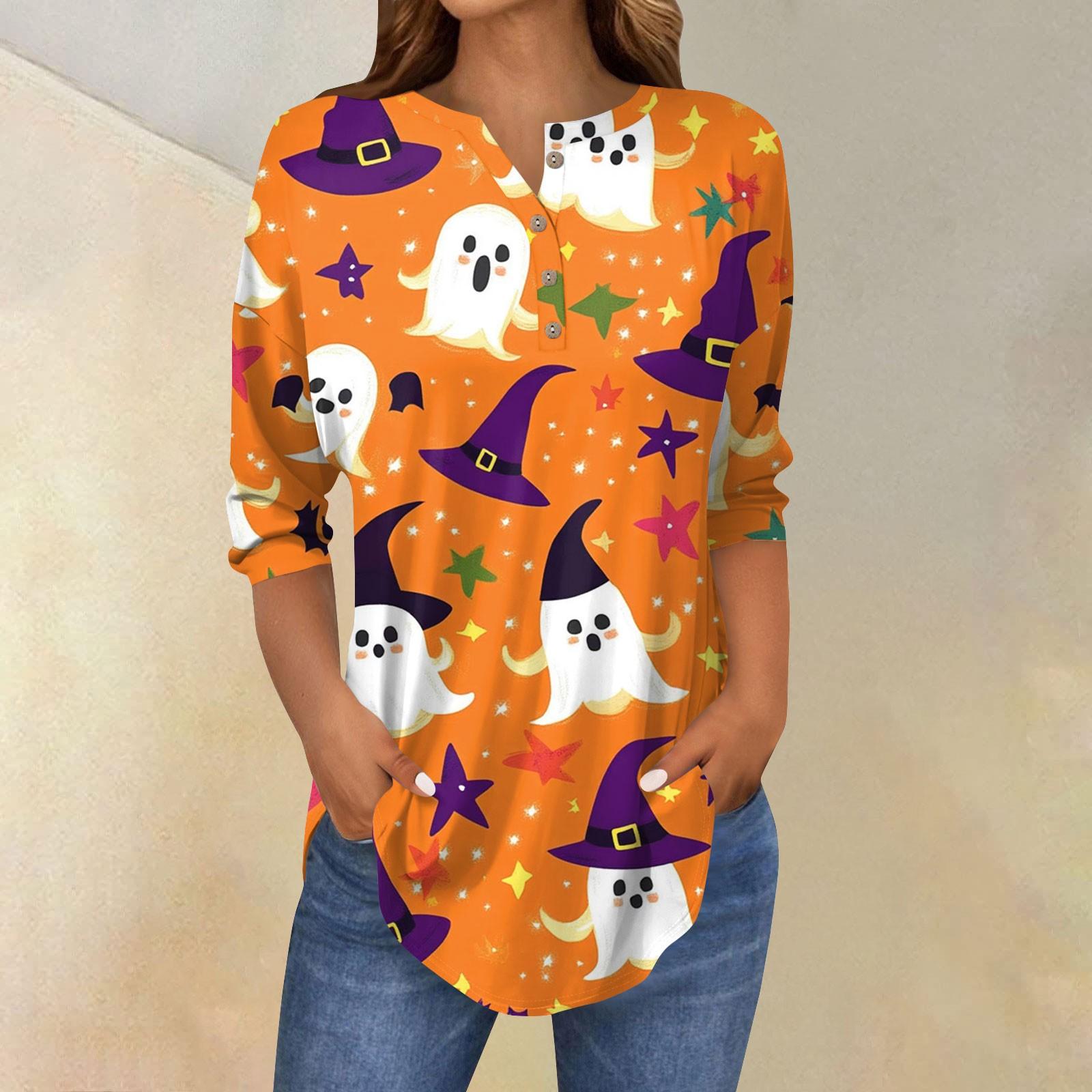 

Women s Fashion Loose Button Collar Halloween Print Long Sleeve T-Shirt Top Pullover XXL жовтий