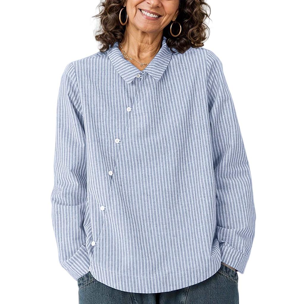 Women's Casual Striped Shirt Long Sleeve Button Front Blouse Collared Top for Everyday Wear and Office Use