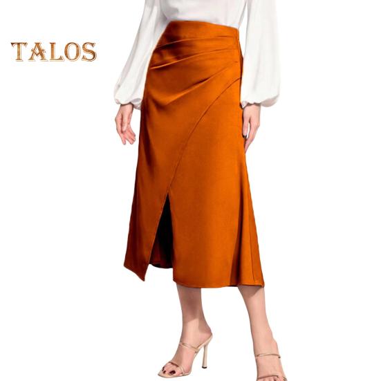 High-Waist Women Skirt Solid Color All-Match Style Pleated Skirt Slimming Design Slit Design Zipper Hip Wrapped Midi Skirt