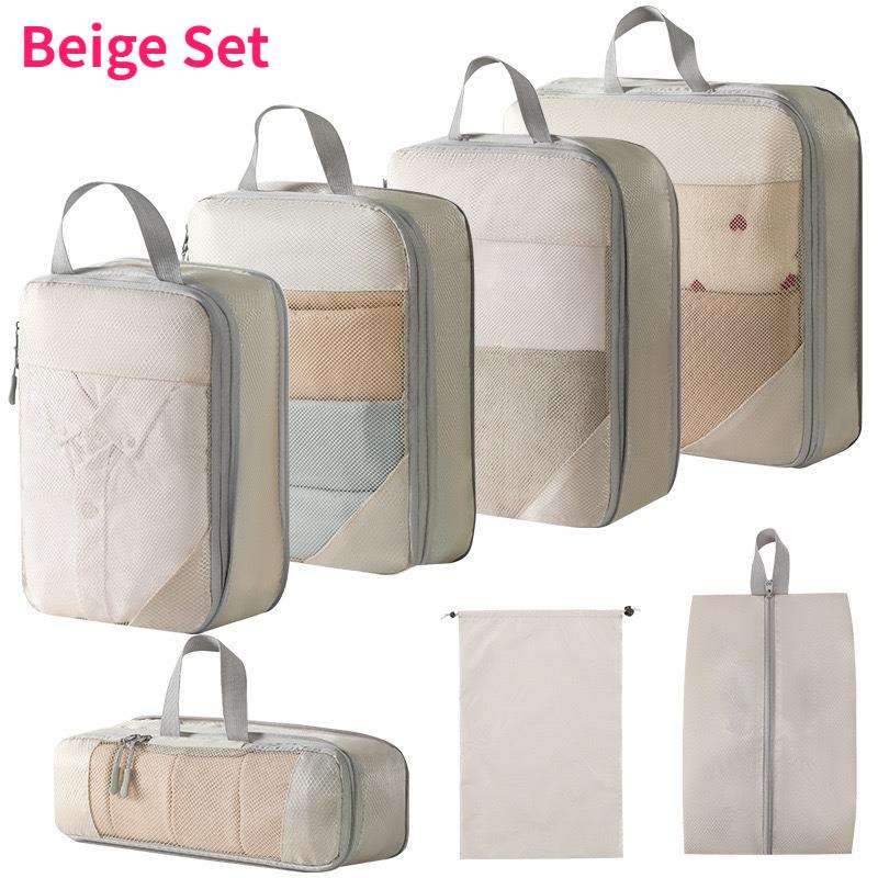 

7Pack Packing Cubes Set Polyester Large Capacity Compression Travel Organizers with Shoe Bag & Drawstring Pouch Luggage Suitcase