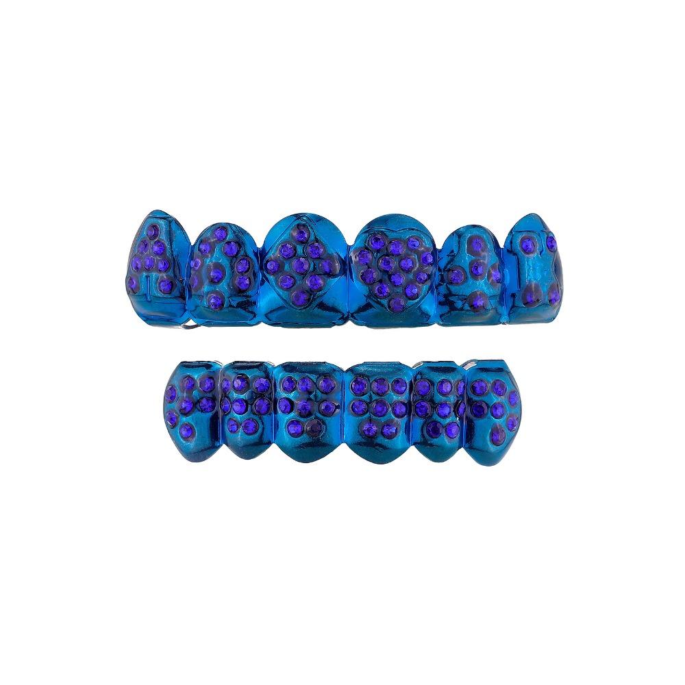 Glossy Finish Teeth Grillz Top Bottom Set Eco-friendly Copper Shiny Teeth Grillz Caps Rhinestone Blue Teeth Jewelry Rapper