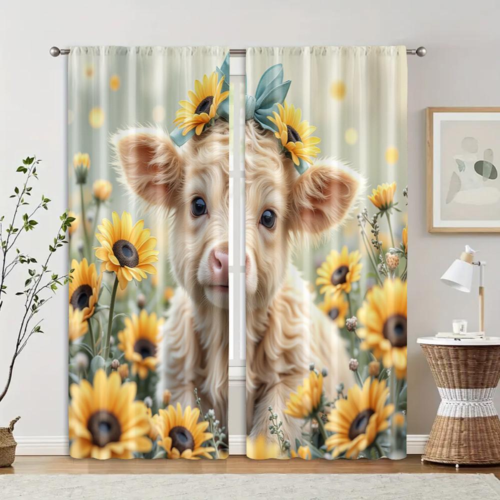 

Filtering Curtains Excluding Rods Non Movable Without Batteries Adorable Highland Cow Use Bedrooms Living Set Of 2 Made Polyester Sleeping Area Decor W100*H70(CM)-Grommet top&1PCS