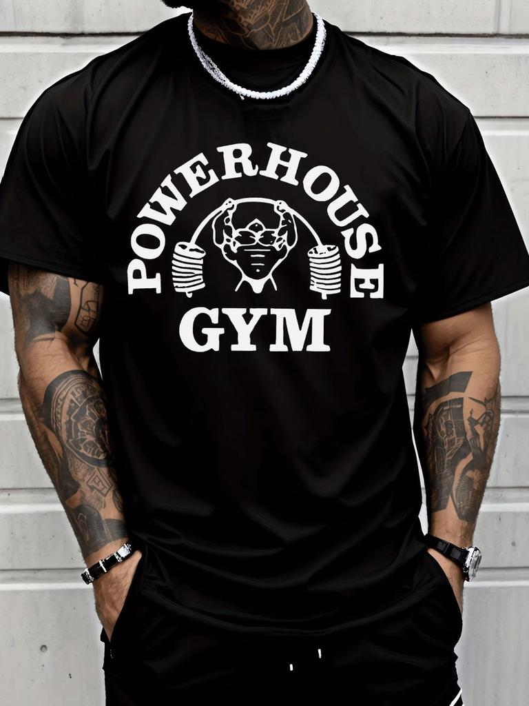 Men Crew Neck Tee Powerhouse Gym Fitness Letter Print Short Sleeve Oversized Male Daily Casual