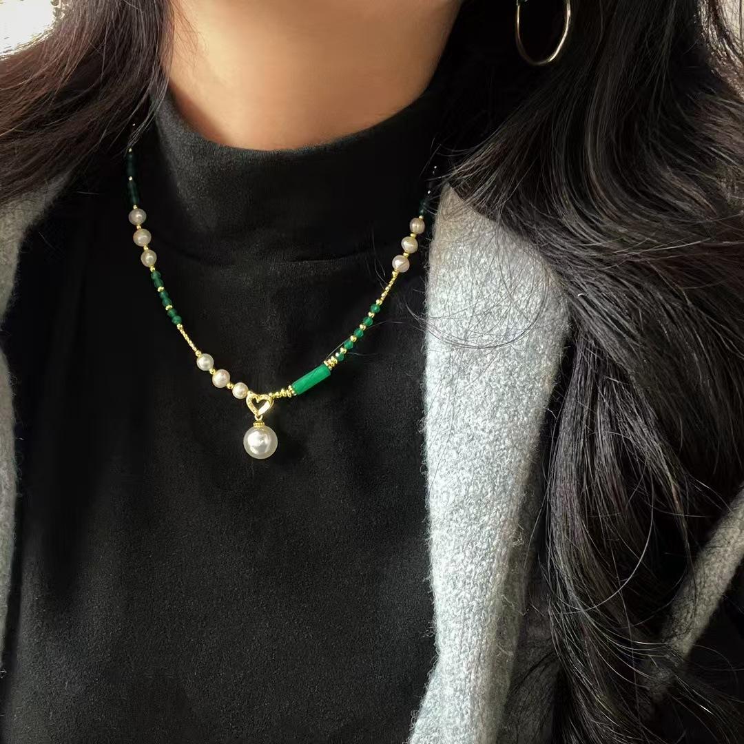 Vintage Natural Chalcedony Freshwater Baroque Pearl Artificial Crystal Pearl Pendant Necklace Clavicle Chain