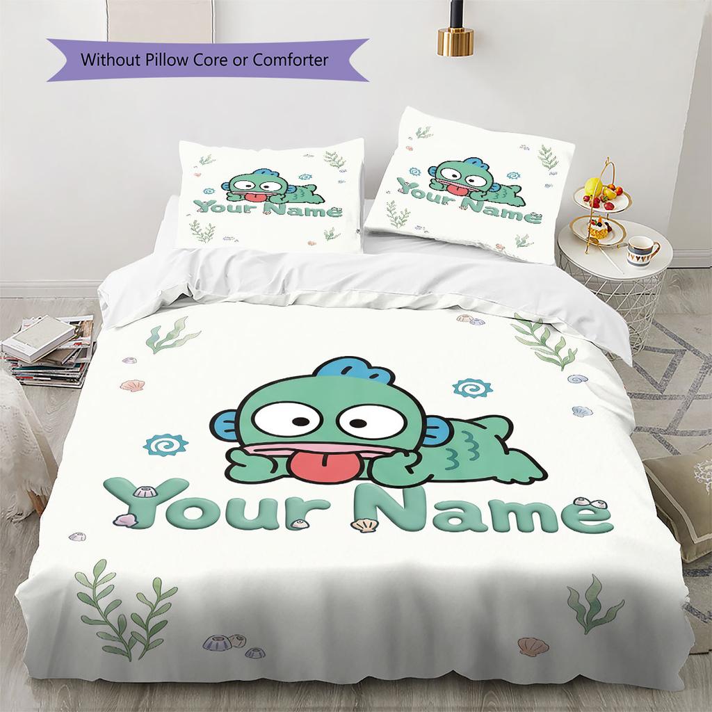 Custom Name,Cartoon Keroppi Hangyodon Series Pattern Bedding Home Decoration Birthday Gift ( 1 duvet cover + 2 pillowcase, without core),fan merchandi