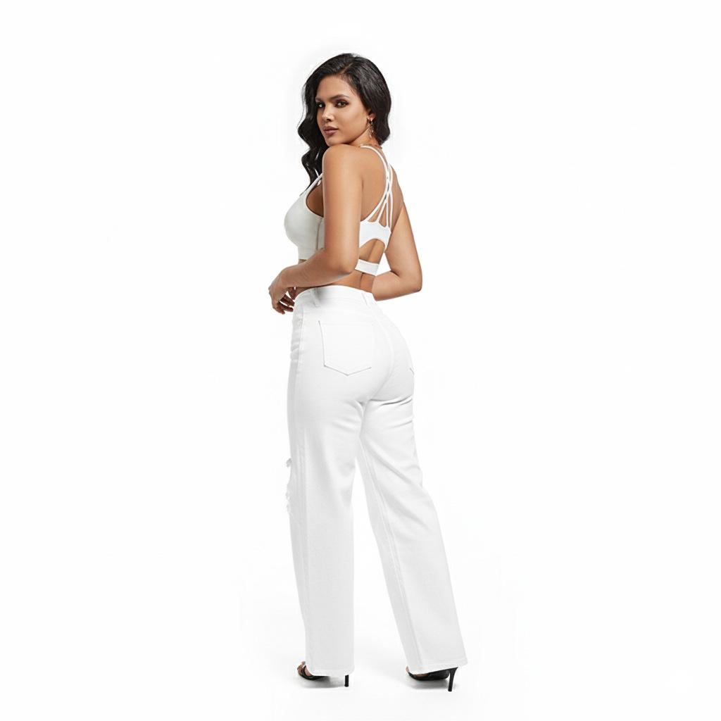 Women White Ripped Straight Leg Denim Pants Mid Rise High Stretch YKK Zipper Long Jeans Elegant Commute Trousers For European African Market