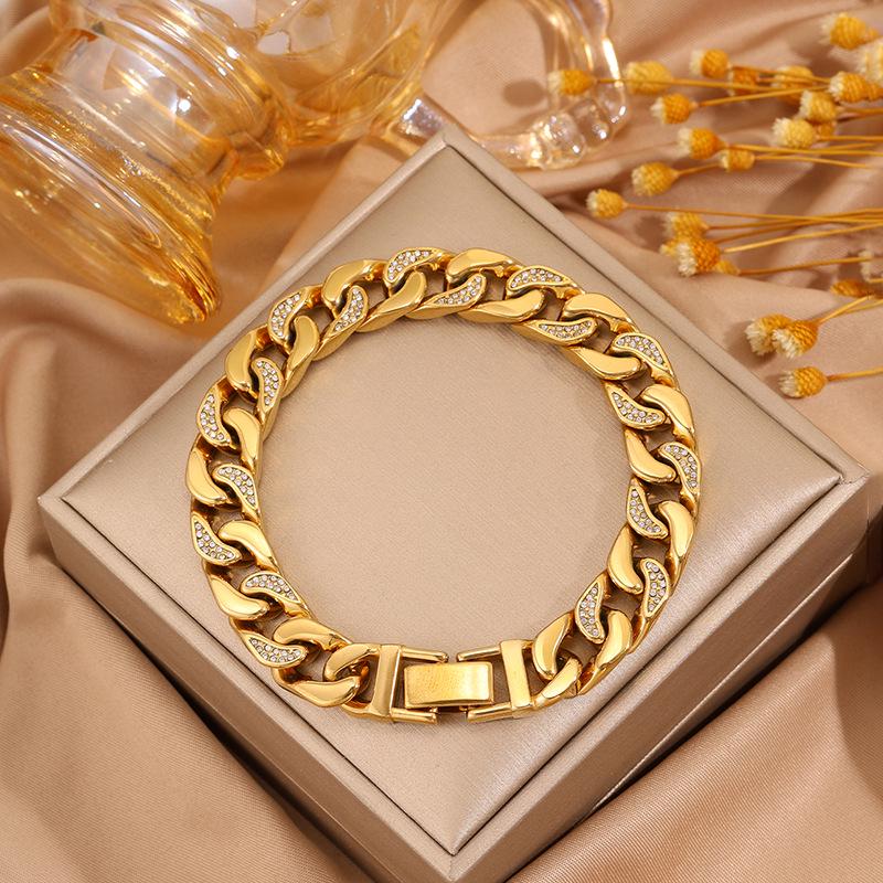 18K Gold Plated Women's Titanium Steel Cuban Chain Bracelet with Diamond Inlay - Luxurious European & American Fashion