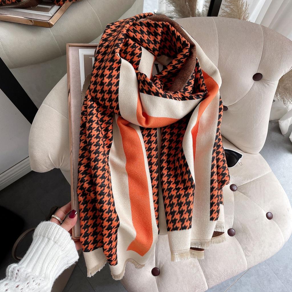 Imitation Cashmere Scarf Women'S Air-Conditioned Room Shawl Thousand Bird Grid Jacquard Elegant Long Scarf Short Beard Fringe Decorative Scarf