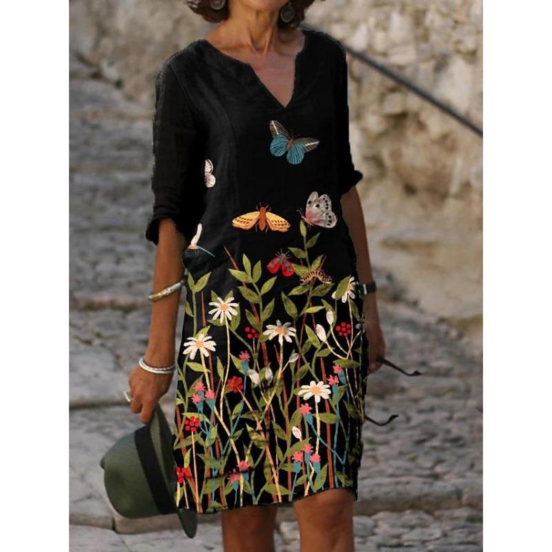 JKASHDK Robe décontractée à imprimé floral pour femme, manches 1/2, col en V, taille ample, mode été printemps