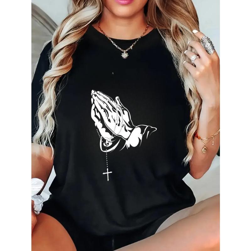 Oversized T Shirt Black Praying Hands With Rosary Cross Print Casual Streetwear For Women