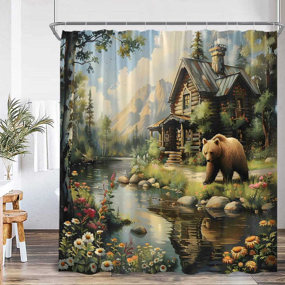 Funny Bear Vintage Shower Curtain Bathing Brown Bear Countryside Cabin Wild Animal Retro Bathroom Decor Polyester Bath Curtain