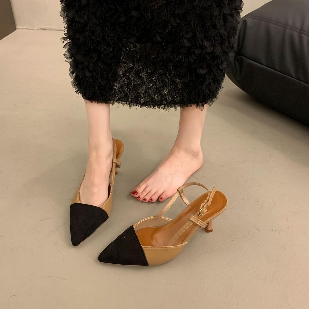 New Women's Shoes Versatile Nude French Pointed High Heels with Thick Heel Single Shoes Bag Head Empty Sandals