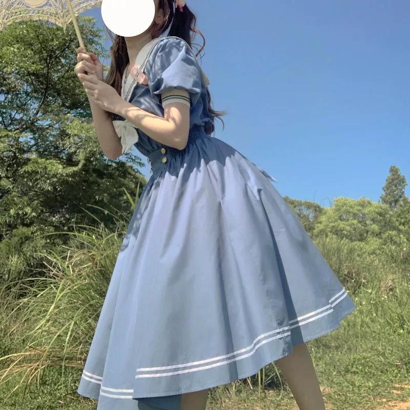 Japon Nazik Kız Sevimli Lolita Elbise Kadın Tatlı Kabarık Kollu İnce Öğrenci Elbiseleri Parti Retro Kızlar Fiyonk Denizci Yaka Vestidos