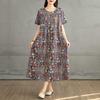 Summer New Retro Round Neck Flower Pocket Short Sleeve Dresses for Women