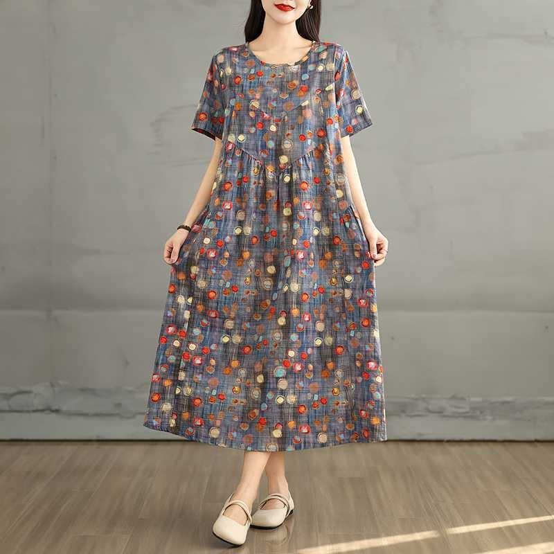 Summer New Retro Round Neck Flower Pocket Short Sleeve Dresses for Women