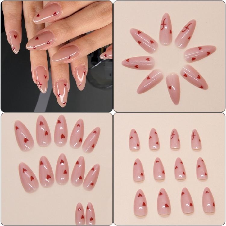 24 Pcs Valentines Day Stick On Nail Heart Full Cover False Nail Almond Press On Nail Manicures Supplies for Winter