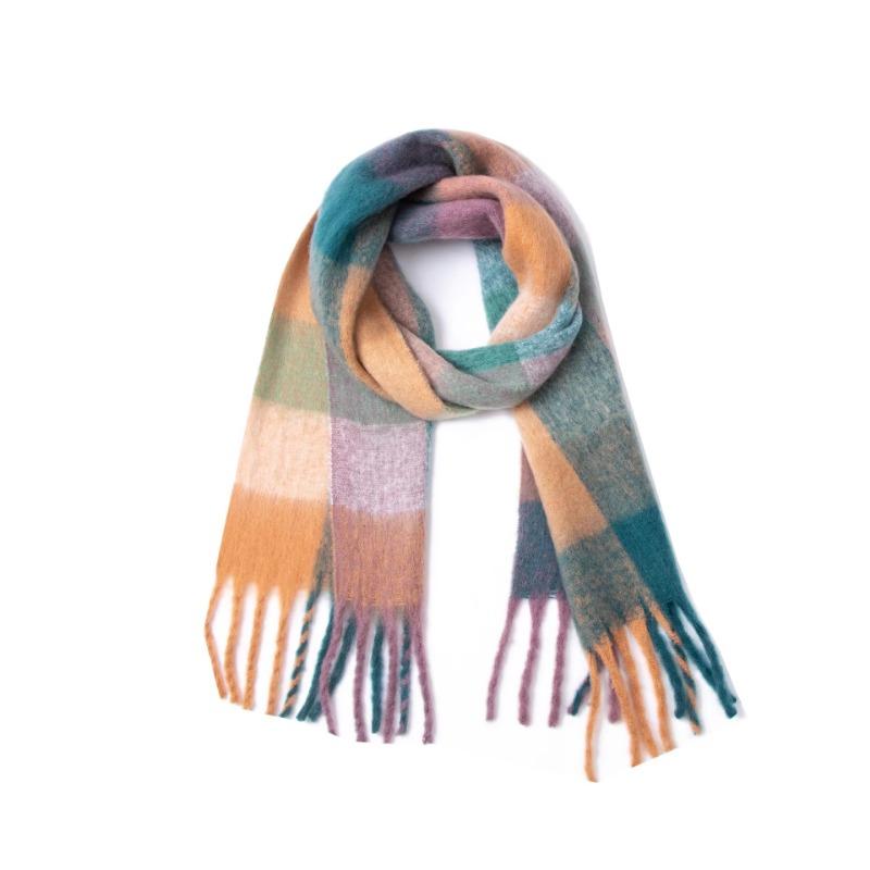 Winter Yarn Thicken Style Luxury Multicolour Plaid Faux Mohair Scarf Women Tassel Long Ring