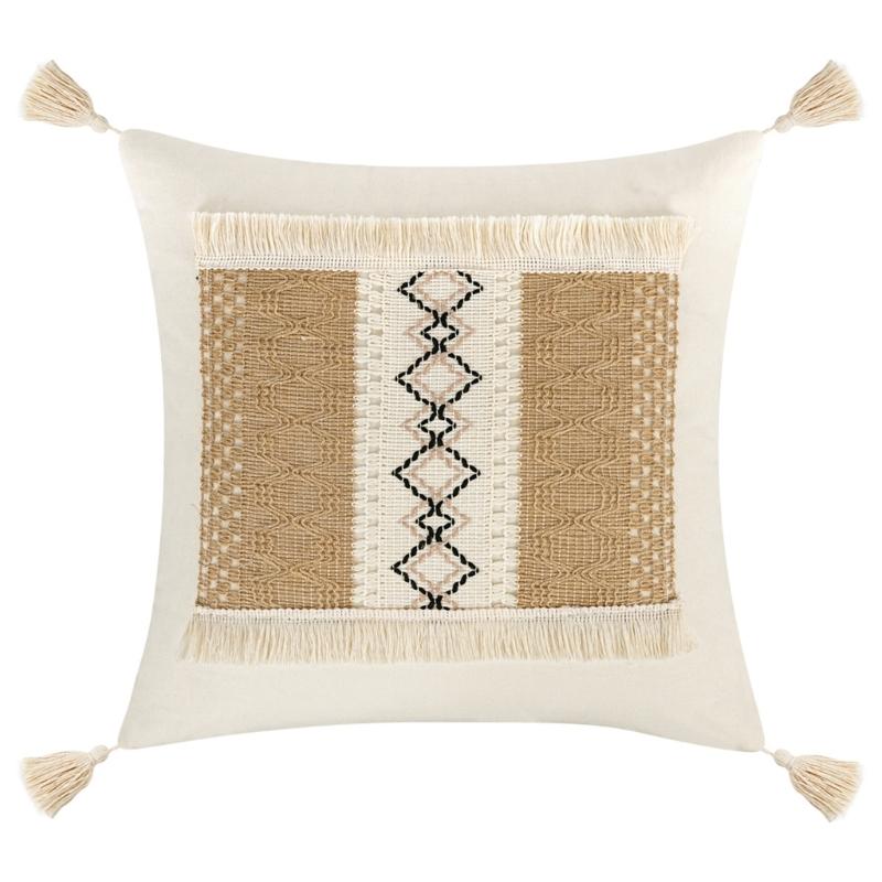 Tassels Throw Pillow Cover with Geometric Woven Texture, Neutral Farmhouse Cushion Cover for Living Room Bed Accent Decors