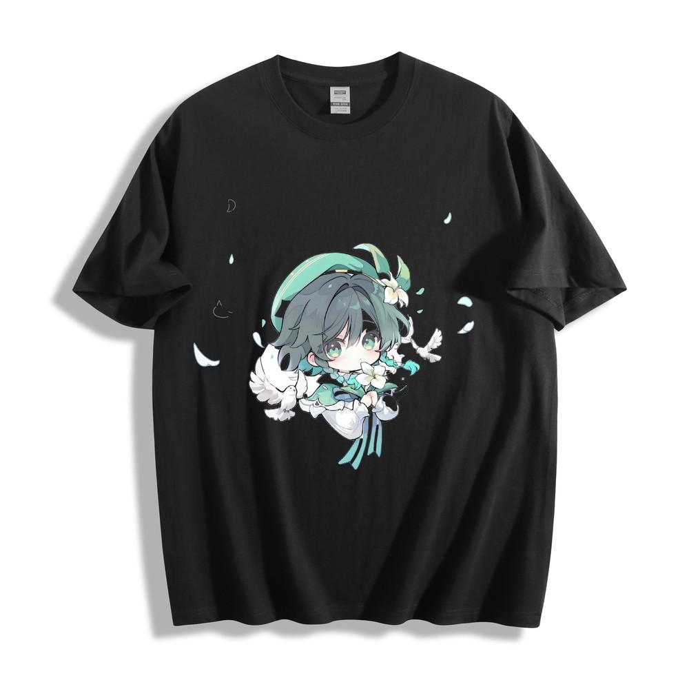 Venti Genshin Chibi T - Shirt - Cute Dove and Floral Design Unisex Tee