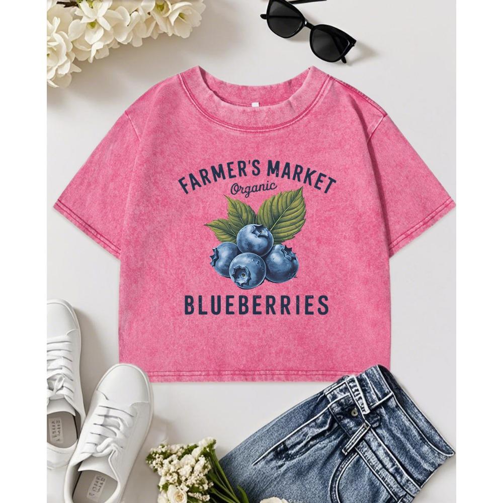 Farmer Market Orangic Blueberries Print Women Washed T Shirt Sport Cotton T-Shirts Y2K Slim Top Summer Sportswear